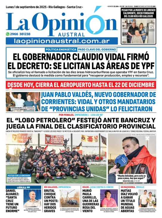 Tapa del Diario La Opinión Austral edición impresa del lunes 1 de septiembre de 2025, Río Gallegos, Santa Cruz, Argentina