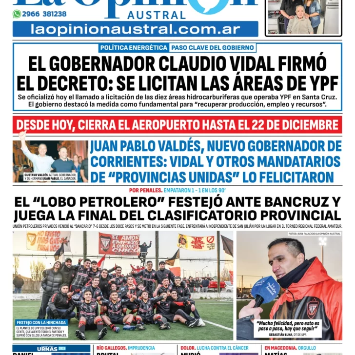Tapa del Diario La Opinión Austral edición impresa del lunes 1 de septiembre de 2025, Río Gallegos, Santa Cruz, Argentina Tapa del Diario La Opinión Austral edición impresa del lunes 1 de septiembre de 2025, Río Gallegos, Santa Cruz, Argentina
