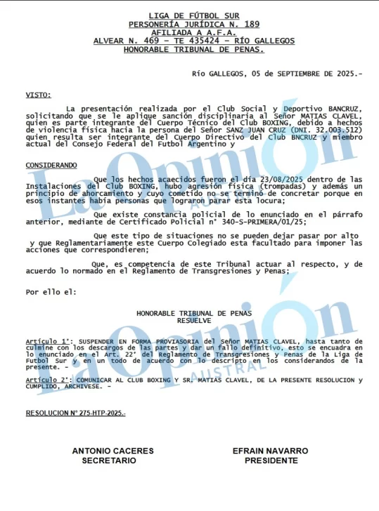  Documento al que accedió LOA: resolución N.º 275-HTP-2025, que dispone la suspensión provisoria de M. Clavel.