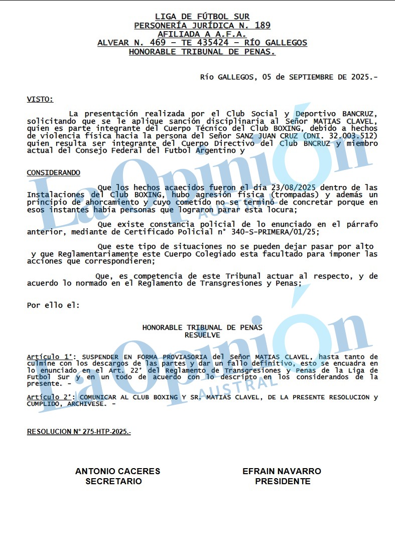  Documento al que accedió LOA: resolución N.º 275-HTP-2025, que dispone la suspensión provisoria de M. Clavel.