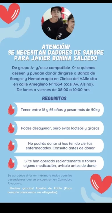 Se necesitan dadores de sangre para Pablo Bonina en Comodoro Rivadavia