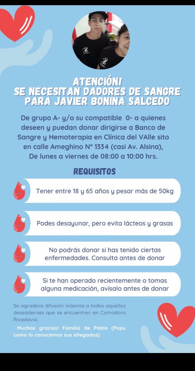 Se necesitan dadores de sangre para Pablo Bonina en Comodoro Rivadavia