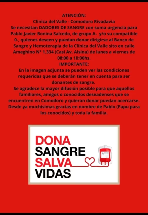 Se necesitan dadores de sangre para Pablo Bonina en Comodoro Rivadavia