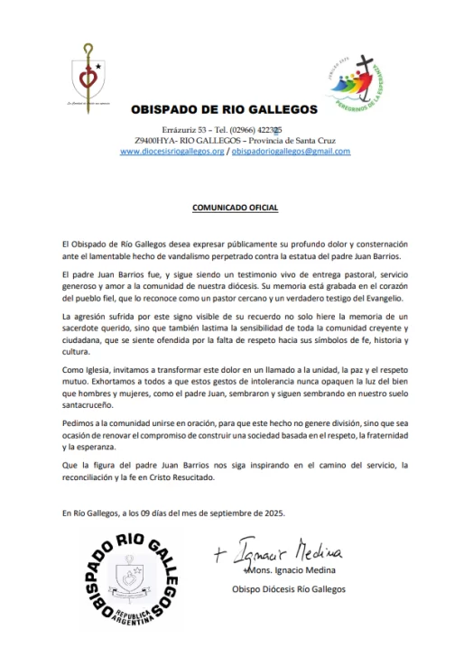 El Obispado de Río Gallegos expresó su &#8220;su profundo dolor y consternación&#8221; por el ataque a la estatua del padre Juan