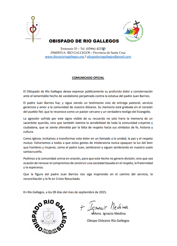 El Obispado de Río Gallegos expresó su &#8220;su profundo dolor y consternación&#8221; por el ataque a la estatua del padre Juan