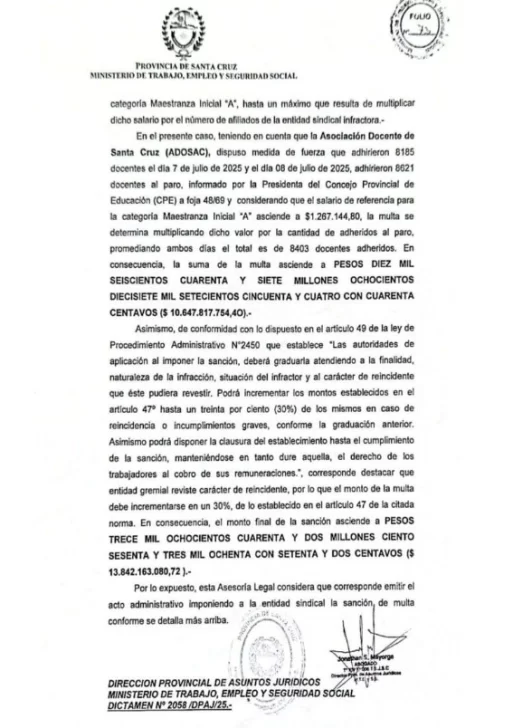  El fallo del Ministerio de Trabajo de la provincia donde se le aplica una importante multa a la ADOSAC.