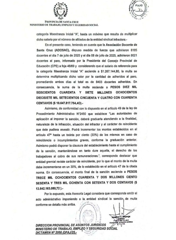  El fallo del Ministerio de Trabajo de la provincia donde se le aplica una importante multa a la ADOSAC.