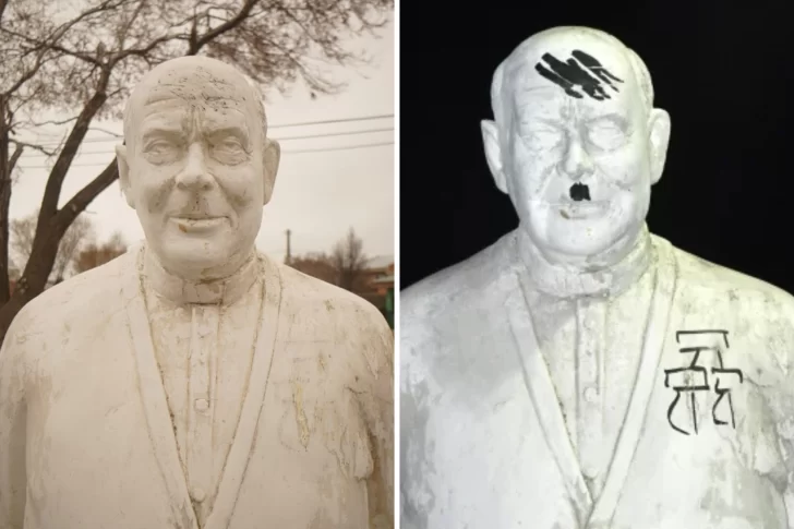  Limpiaron la estatua del padre Juan tras ser vandalizada con símbolos nazis. Fotos: Leandro Franco y José Silva/La Opinión Austral.