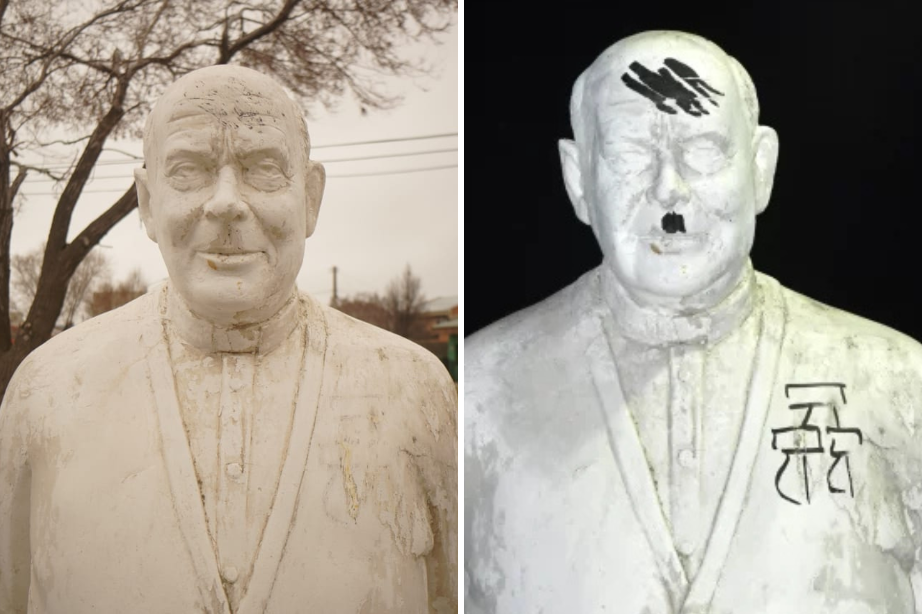  Limpiaron la estatua del padre Juan tras ser vandalizada con símbolos nazis. Fotos: Leandro Franco y José Silva/La Opinión Austral.