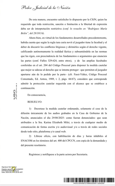 La Justicia ordenó frenar la difusión de los audios atribuidos a Karina Milei grabados en Casa Rosada