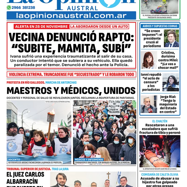 Tapa del Diario La Opinión Austral edición impresa del miércoles 3 de septiembre de 2025, Río Gallegos, Santa Cruz, Argentina Tapa del Diario La Opinión Austral edición impresa del miércoles 3 de septiembre de 2025, Río Gallegos, Santa Cruz, Argentina