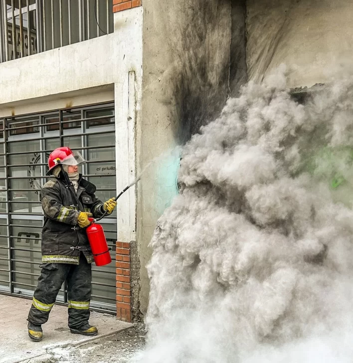  Un bombero usando el extintor. FOTO: POLICÍA SANTA CRUZ