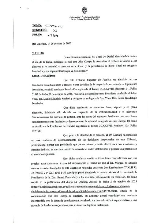 Tribunal Superior de Justicia: vocales intimaron a Daniel Mariani a cesar en la presidencia y notificaron a la Corte Suprema
