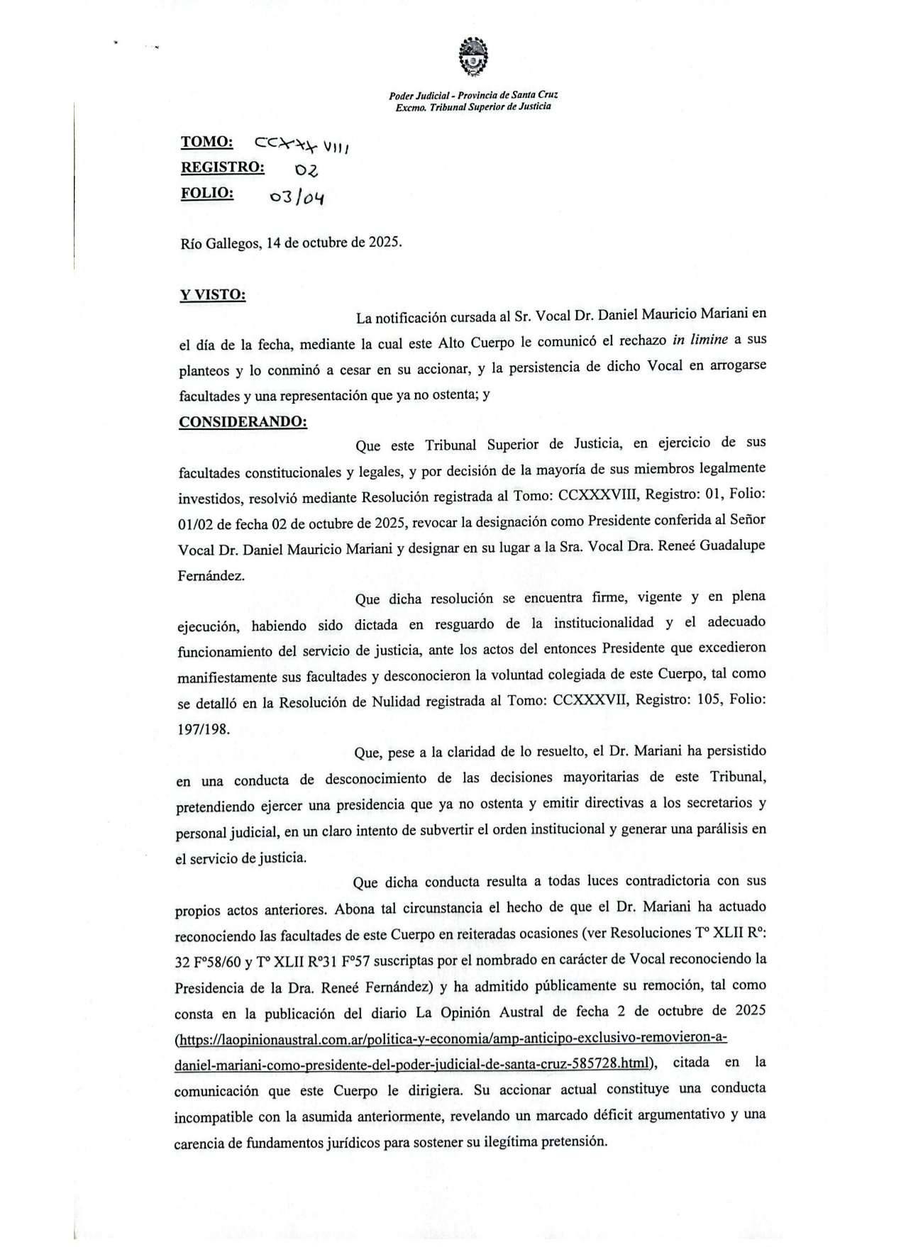 Tribunal Superior de Justicia: vocales intimaron a Daniel Mariani a cesar en la presidencia y notificaron a la Corte Suprema