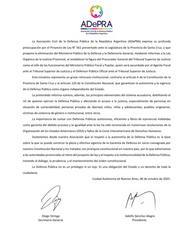  El comunicado de la Asociación Civil de la Defensa Pública de la República Argentina (ADePRA).