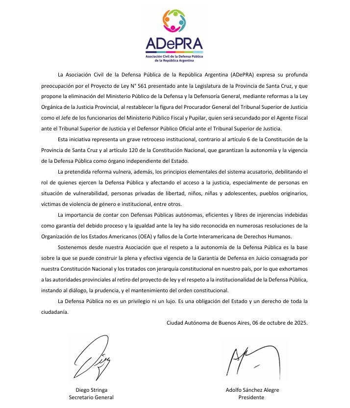  El comunicado de la Asociación Civil de la Defensa Pública de la República Argentina (ADePRA).