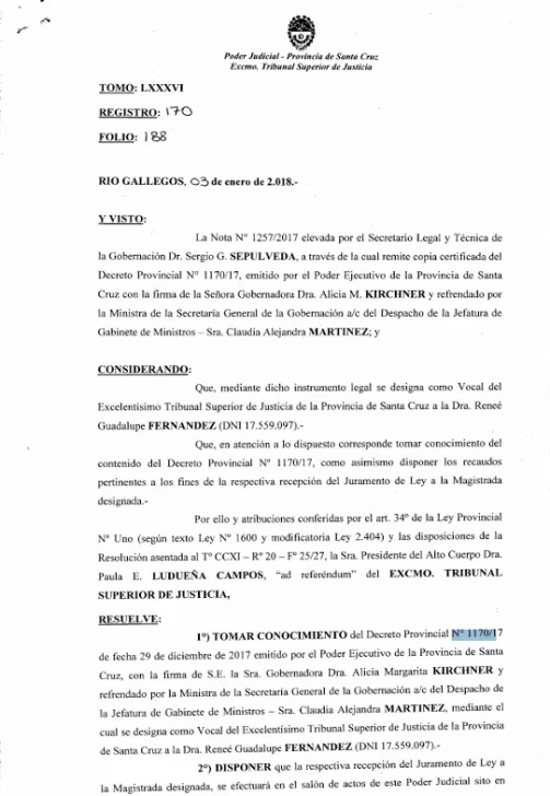  El decreto de la designación de Reneé Fernández como vocal del TSJ en enero del 2018.