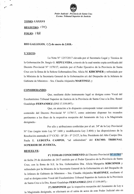  El decreto de la designación de Reneé Fernández como vocal del TSJ en enero del 2018.