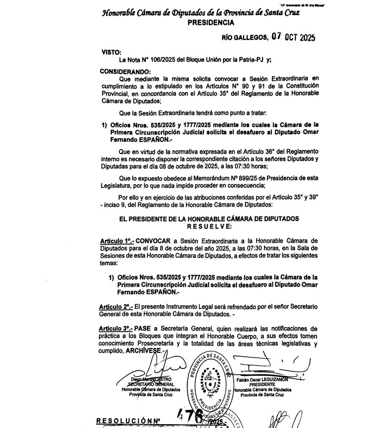  El pedido de extraordinaria para este miércoles 8 de octubre.