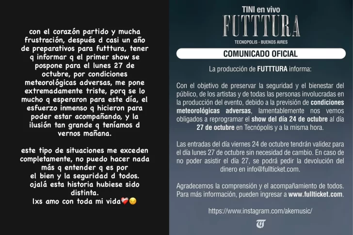  El posteo de Tini Stoessel y el anuncio de la empresa organizadora del festival Futttura.