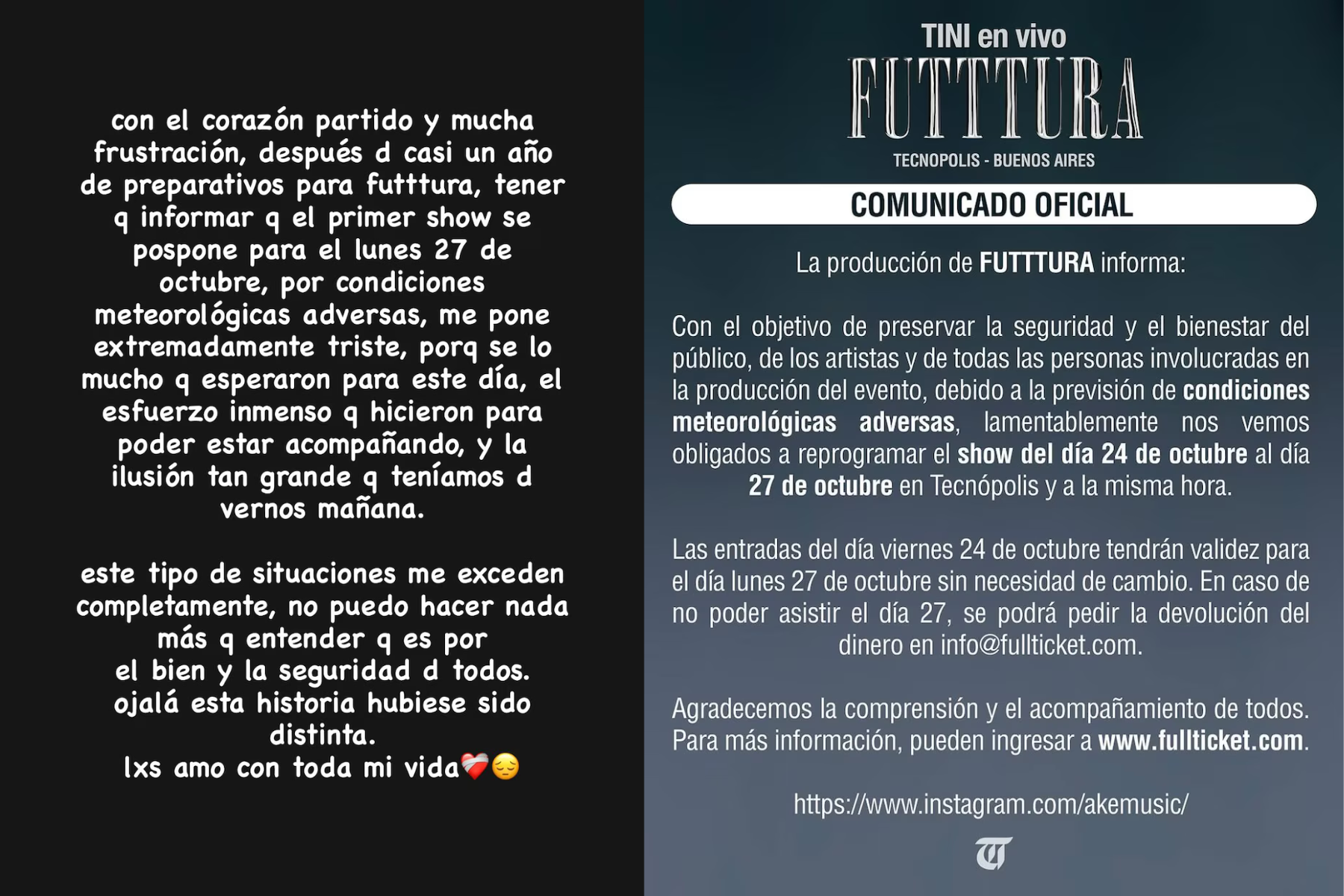  El posteo de Tini Stoessel y el anuncio de la empresa organizadora del festival Futttura.