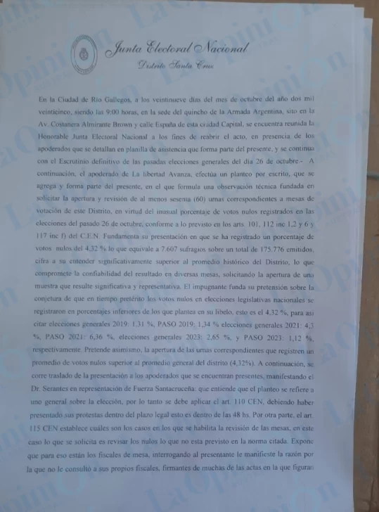 Resolución de la Justicia Electoral ante el pedido del apoderado de la Libertad Avanza. FOTO: JUAN SUAREZ / LA OPINIÓN AUSTRAL.