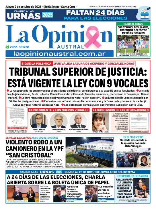  Tapa del diario La Opinión Austral del 2 de octubre 2025.