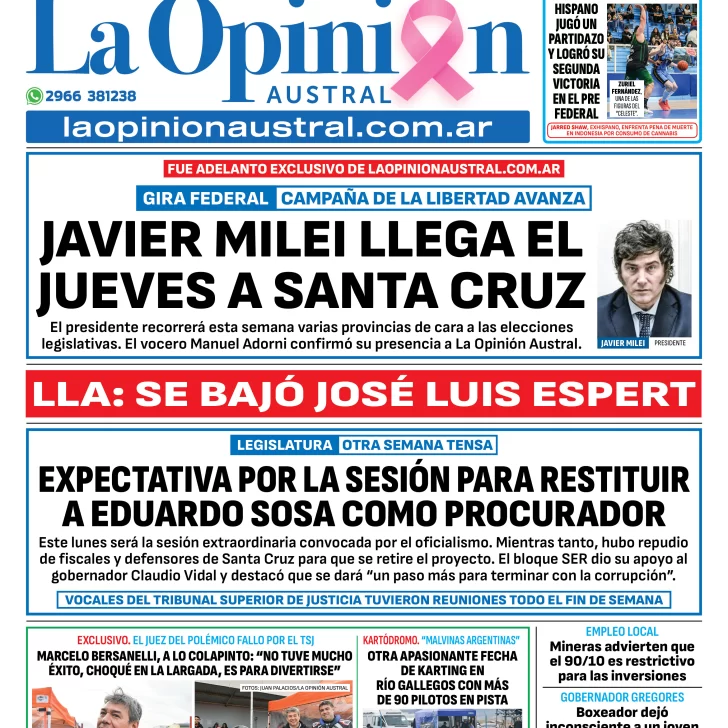 Tapa del Diario La Opinión Austral edición impresa del lunes 6 de octubre de 2025, Río Gallegos, Santa Cruz, Argentina Tapa del Diario La Opinión Austral edición impresa del lunes 6 de octubre de 2025, Río Gallegos, Santa Cruz, Argentina