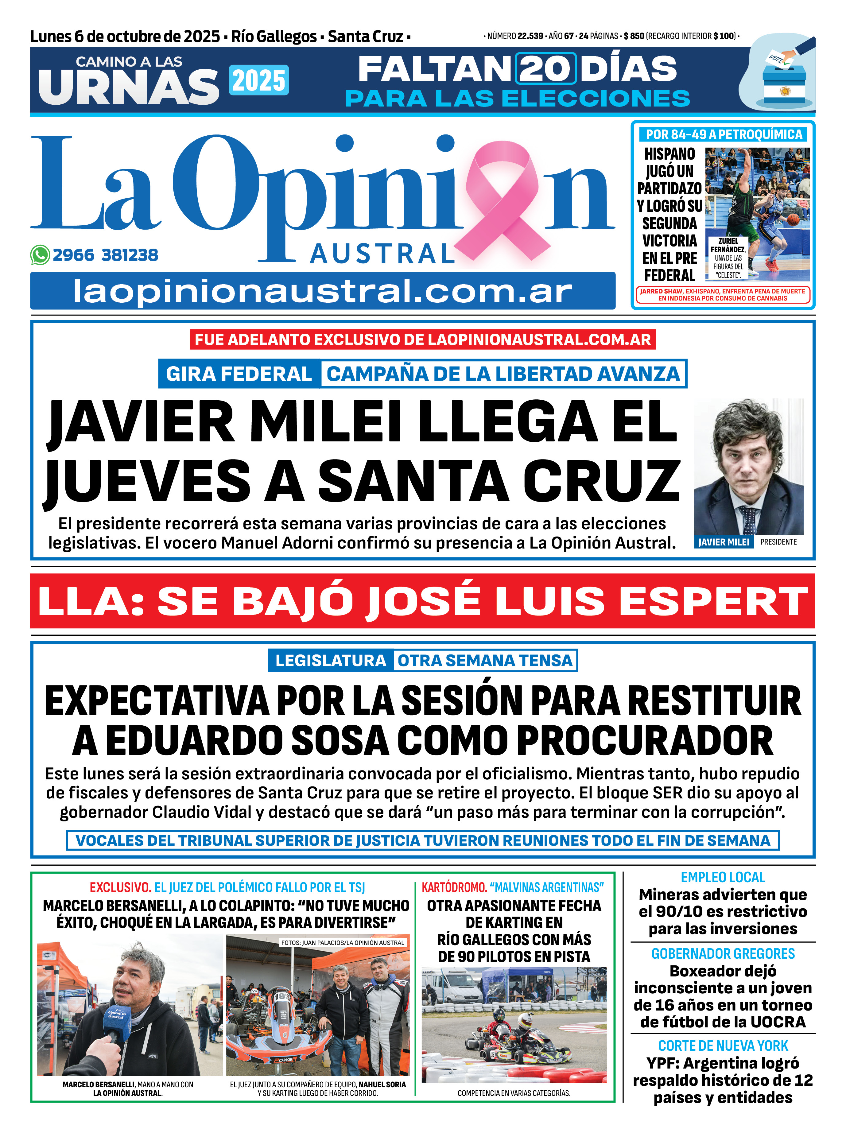  Tapa de La Opinión Austral del lunes 6 de octubre de 2025.