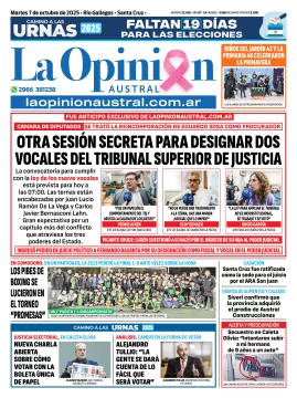 Tapa del Diario La Opinión Austral edición impresa del martes 7 de octubre de 2025, Río Gallegos, Santa Cruz, Argentina Tapa del Diario La Opinión Austral edición impresa del martes 7 de octubre de 2025, Río Gallegos, Santa Cruz, Argentina