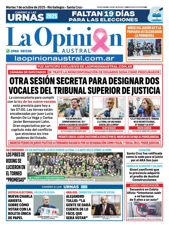 Tapa del Diario La Opinión Austral edición impresa del martes 7 de octubre de 2025, Río Gallegos, Santa Cruz, Argentina