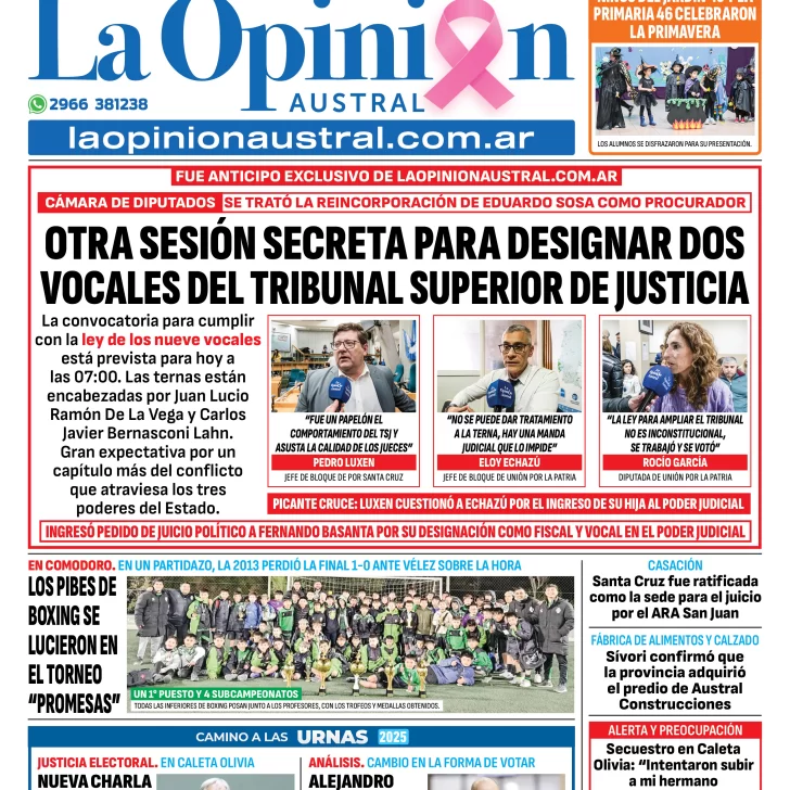 Tapa del Diario La Opinión Austral edición impresa del martes 7 de octubre de 2025, Río Gallegos, Santa Cruz, Argentina Tapa del Diario La Opinión Austral edición impresa del martes 7 de octubre de 2025, Río Gallegos, Santa Cruz, Argentina