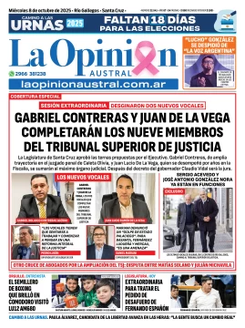 Tapa del Diario La Opinión Austral edición impresa del miércoles 8 de octubre de 2025, Río Gallegos, Santa Cruz, Argentina Tapa del Diario La Opinión Austral edición impresa del miércoles 8 de octubre de 2025, Río Gallegos, Santa Cruz, Argentina
