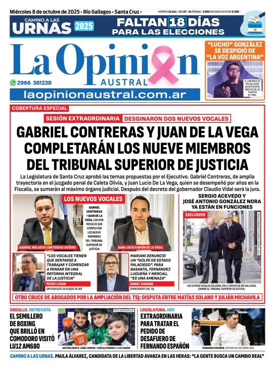 Tapa del Diario La Opinión Austral edición impresa del miércoles 8 de octubre de 2025, Río Gallegos, Santa Cruz, Argentina