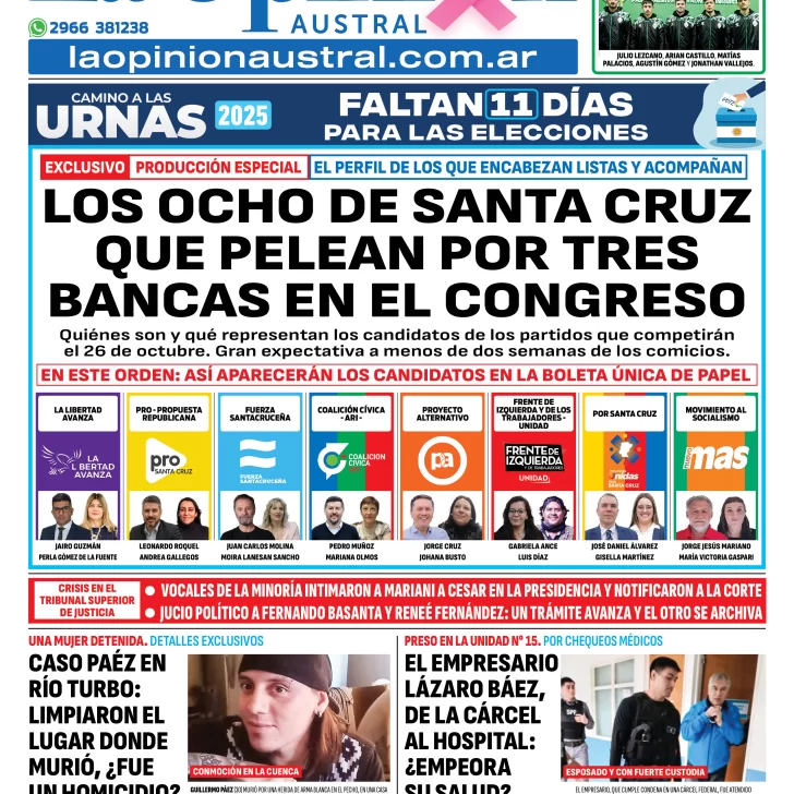 Tapa del Diario La Opinión Austral edición impresa del miércoles 15 de octubre de 2025, Río Gallegos, Santa Cruz, Argentina Tapa del Diario La Opinión Austral edición impresa del miércoles 15 de octubre de 2025, Río Gallegos, Santa Cruz, Argentina