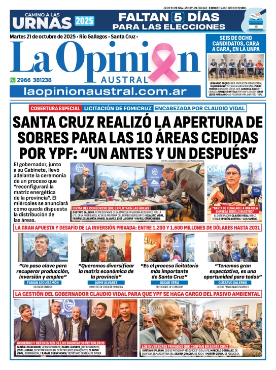 Tapa del Diario La Opinión Austral edición impresa del martes 21 de octubre de 2025, Río Gallegos, Santa Cruz, Argentina