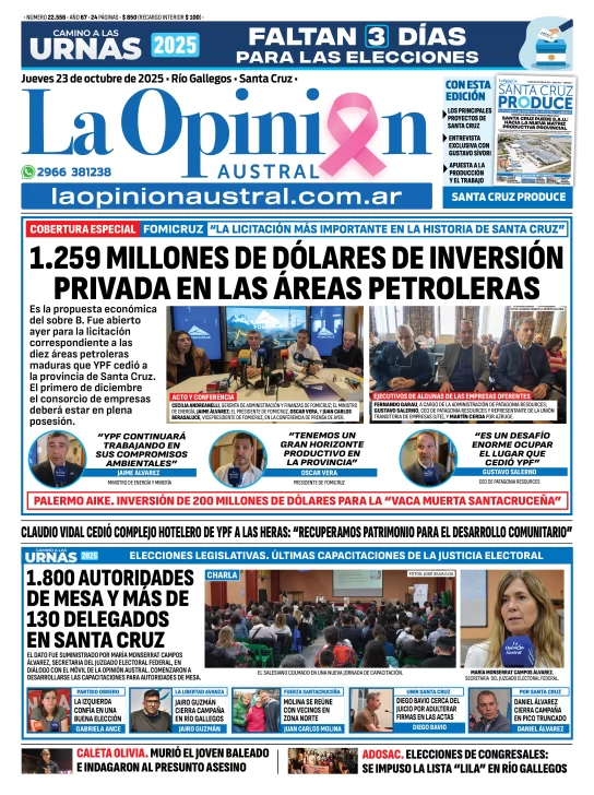  Tapa del Diario La Opinión Austral edición impresa del jueves 23 de octubre de 2025, Río Gallegos, Santa Cruz, Argentina