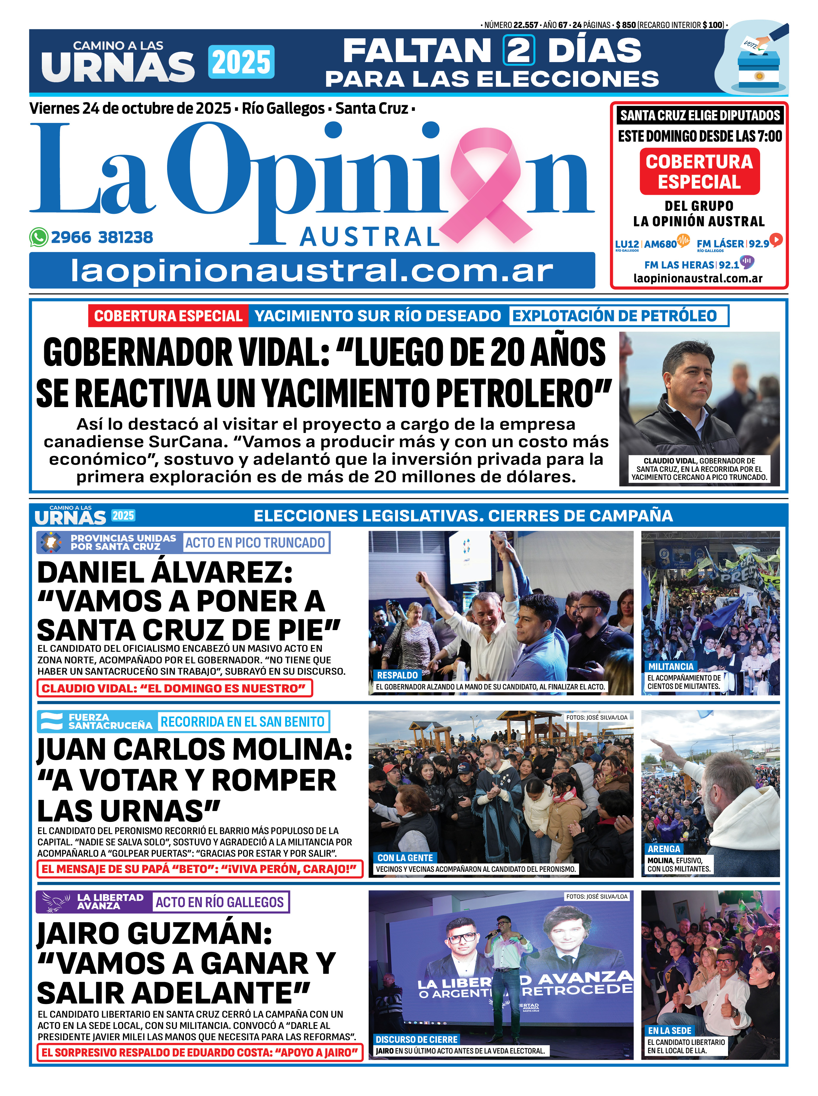  Tapa del Diario La Opinión Austral edición impresa del viernes 24 de octubre de 2025, Río Gallegos, Santa Cruz, Argentina.