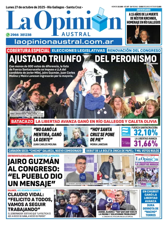  Tapa de La Opinión Austral del lunes 27 de octubre de 2025.