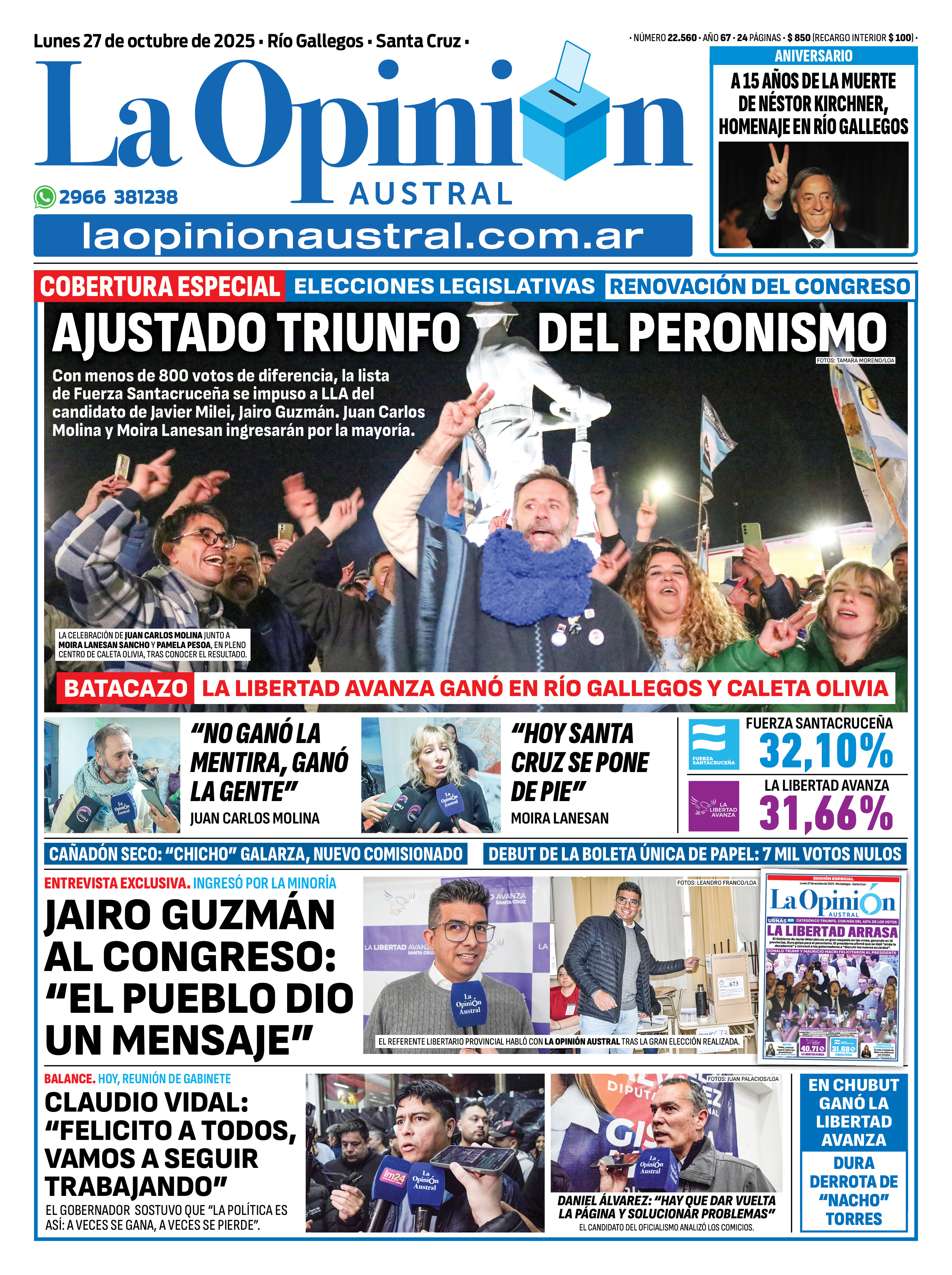  Tapa de La Opinión Austral del lunes 27 de octubre de 2025.