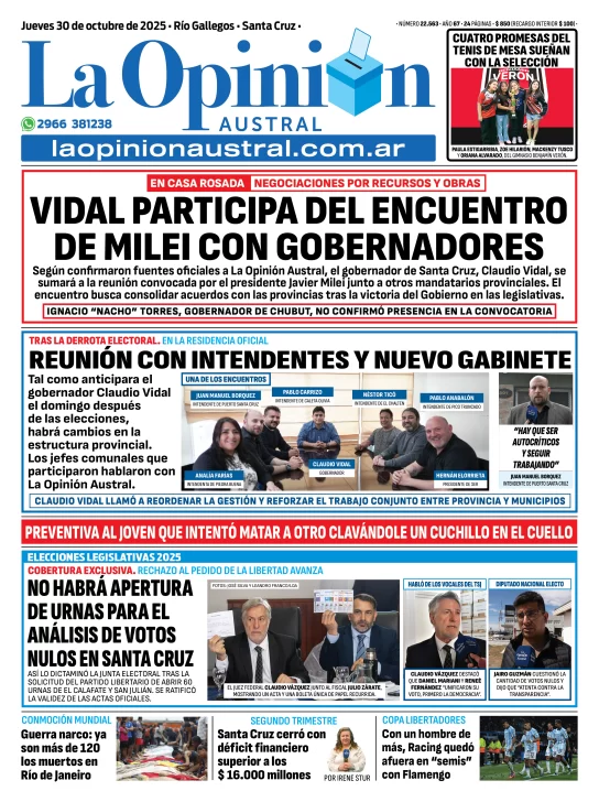 Tapa del Diario La Opinión Austral edición impresa del jueves 30 de octubre de 2025, Río Gallegos, Santa Cruz, Argentina