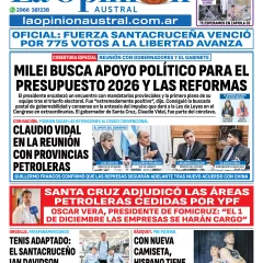 Tapa del Diario La Opinión Austral edición impresa del viernes 31 de octubre de 2025, Río Gallegos, Santa Cruz, Argentina