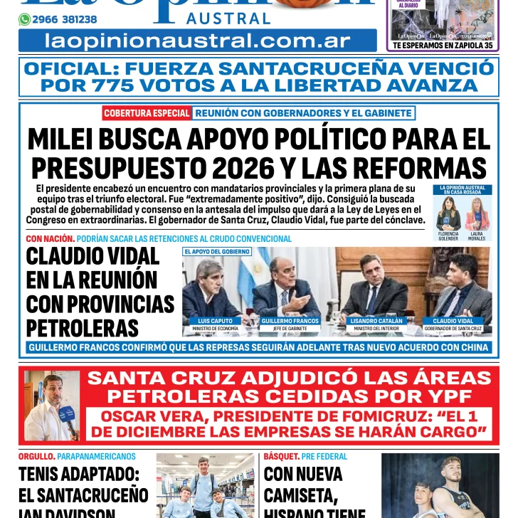 Tapa del Diario La Opinión Austral edición impresa del viernes 31 de octubre de 2025, Río Gallegos, Santa Cruz, Argentina Tapa del Diario La Opinión Austral edición impresa del viernes 31 de octubre de 2025, Río Gallegos, Santa Cruz, Argentina