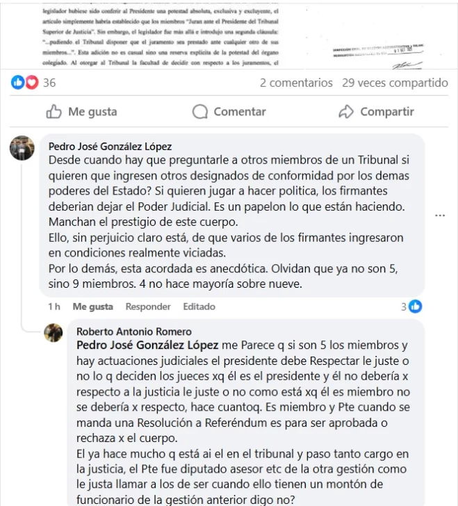  Pedro González López criticó en redes sociales al Tribunal Superior de Justicia por la última acordada que rechazó la jura de su padre como miembro del máximo órgano del Poder Judicial de Santa Cruz.