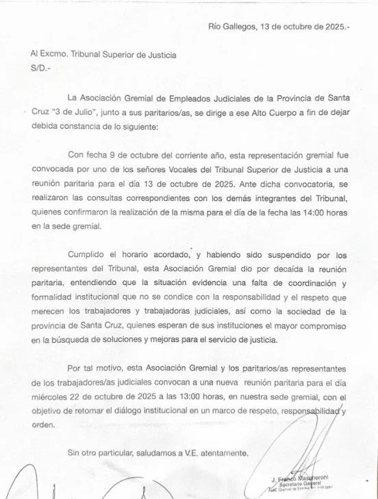  La nota enviada por el gremio al Tribunal Superior.