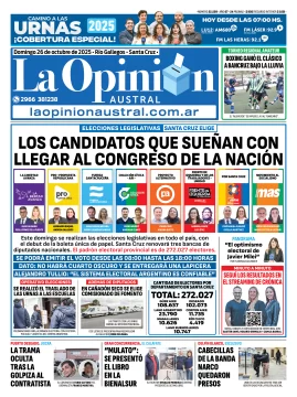 Tapa del Diario La Opinión Austral edición impresa del domingo 26 de octubre de 2025, Río Gallegos, Santa Cruz, Argentina Tapa del Diario La Opinión Austral edición impresa del domingo 26 de octubre de 2025, Río Gallegos, Santa Cruz, Argentina