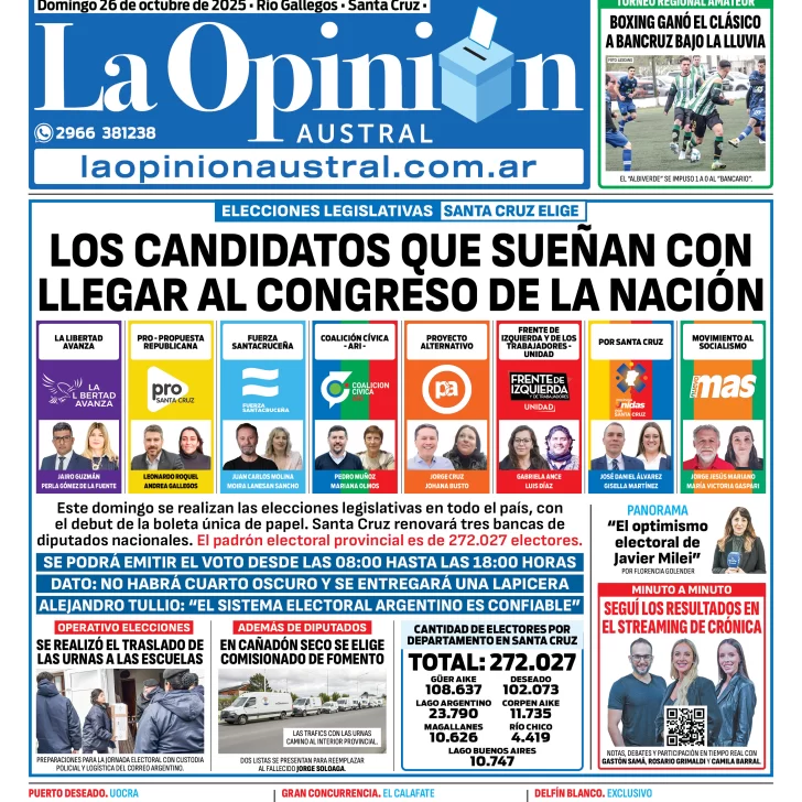 Tapa del Diario La Opinión Austral edición impresa del domingo 26 de octubre de 2025, Río Gallegos, Santa Cruz, Argentina Tapa del Diario La Opinión Austral edición impresa del domingo 26 de octubre de 2025, Río Gallegos, Santa Cruz, Argentina