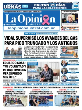 Tapa del Diario La Opinión Austral edición impresa del domingo 5 de octubre de 2025, Río Gallegos, Santa Cruz, Argentina Tapa del Diario La Opinión Austral edición impresa del domingo 5 de octubre de 2025, Río Gallegos, Santa Cruz, Argentina