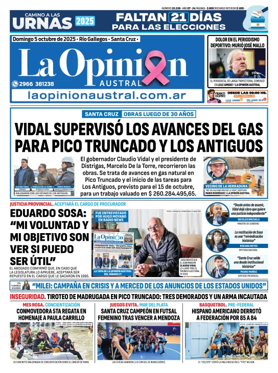 Tapa del Diario La Opinión Austral edición impresa del domingo 5 de octubre de 2025, Río Gallegos, Santa Cruz, Argentina