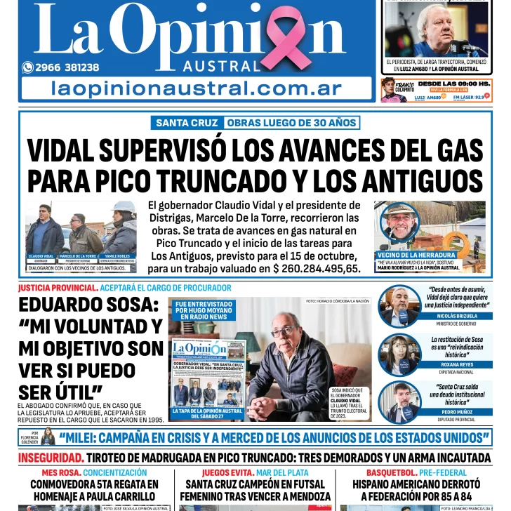 Tapa del Diario La Opinión Austral edición impresa del domingo 5 de octubre de 2025, Río Gallegos, Santa Cruz, Argentina Tapa del Diario La Opinión Austral edición impresa del domingo 5 de octubre de 2025, Río Gallegos, Santa Cruz, Argentina